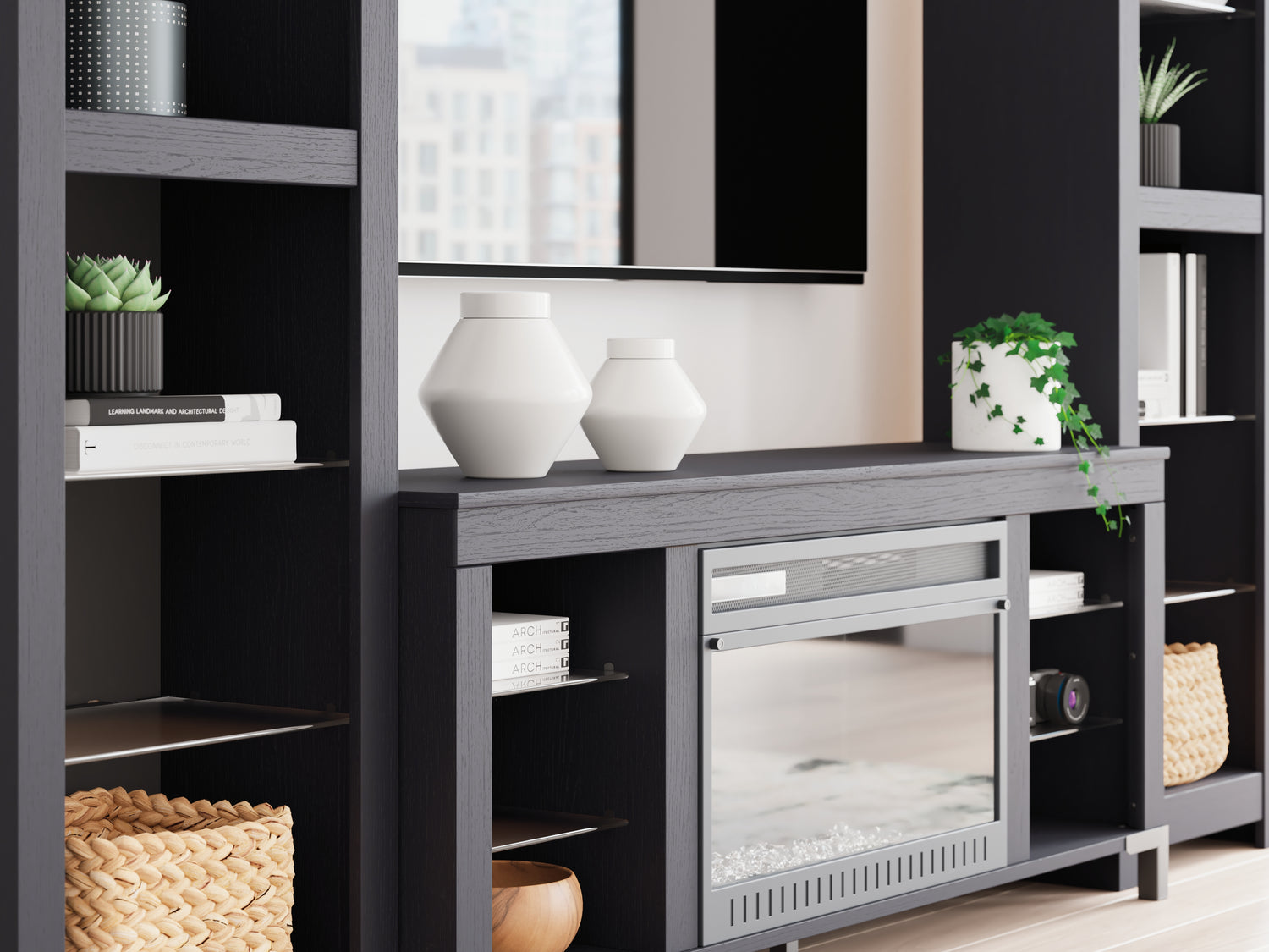 Cayberry Black 3-Piece Entertainment Center with Electric Fireplace - W2721W2