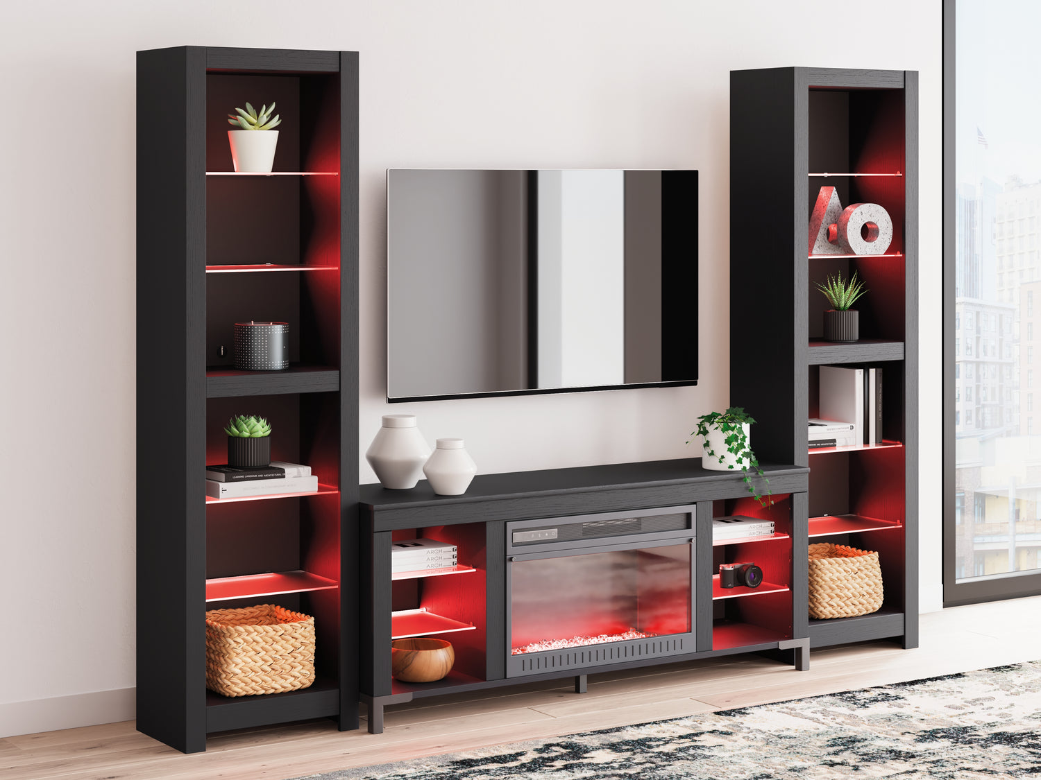 Cayberry Black 3-Piece Entertainment Center with Electric Fireplace - W2721W2