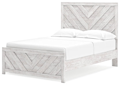 Cayboni Full Panel Bed with Mirrored Dresser and Chest in Whitewash - PKG016594