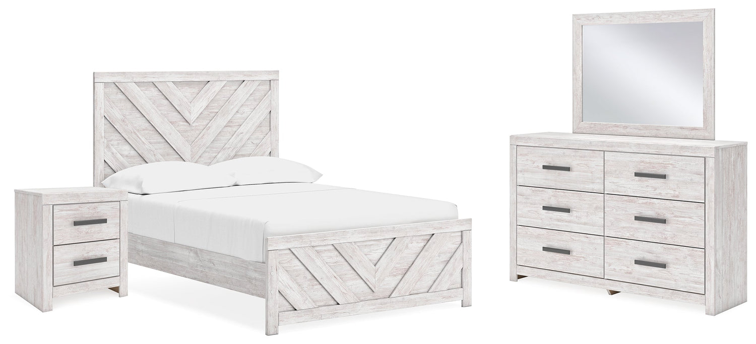 Cayboni Full Panel Bed with Mirrored Dresser and Nightstand in Whitewash - PKG016593