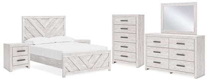 Cayboni Full Panel Bed with Mirrored Dresser, Chest and 2 Nightstands in Whitewash - PKG016592