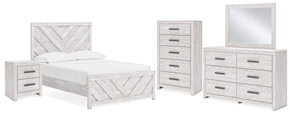 Cayboni Full Panel Bed with Mirrored Dresser, Chest and Nightstand in Whitewash - PKG016595