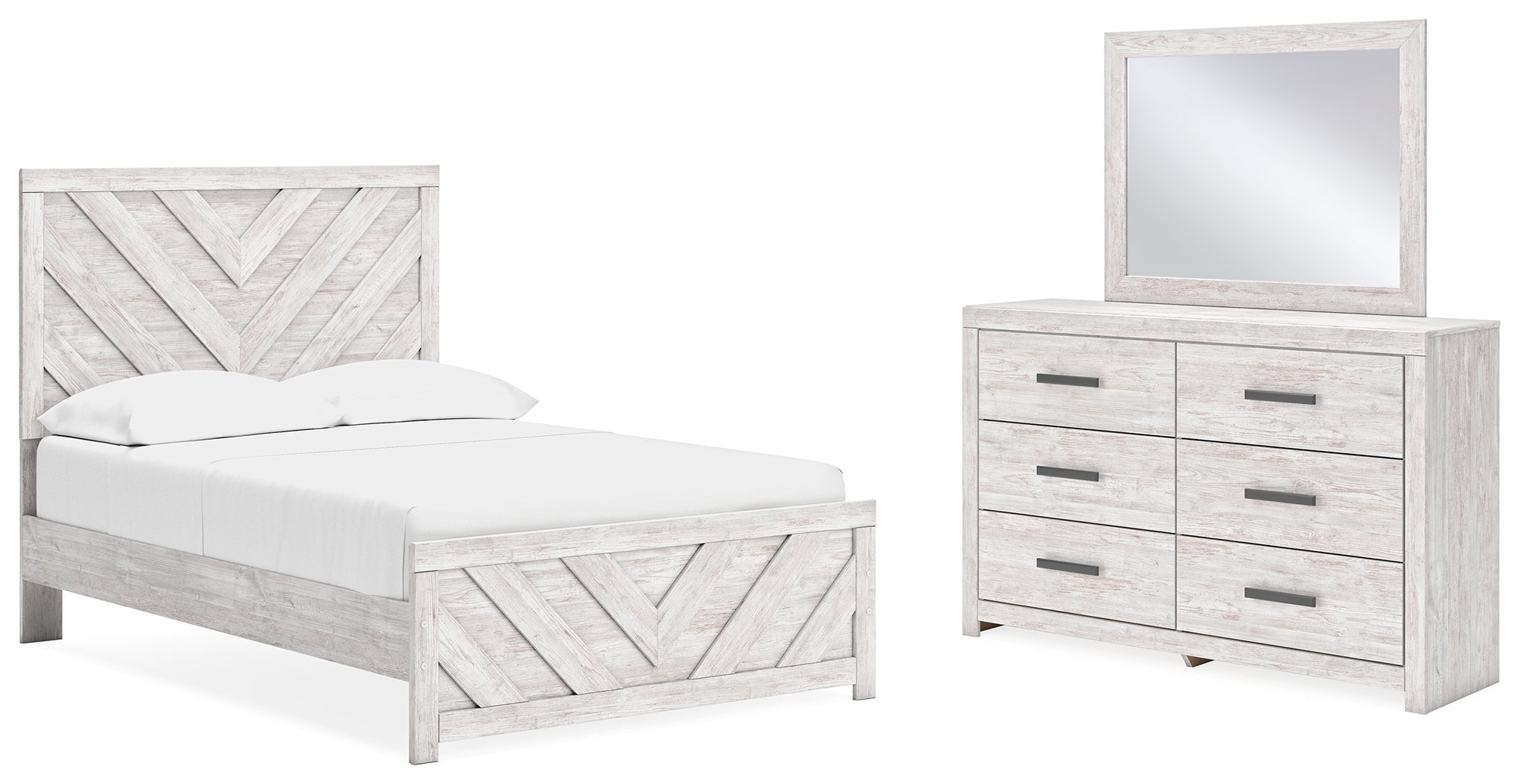 Cayboni Full Panel Bed with Mirrored Dresser in Whitewash - PKG016590