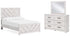 Cayboni Full Panel Bed with Mirrored Dresser in Whitewash - PKG016590