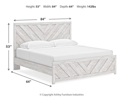 Cayboni King Panel Bed with Mirrored Dresser and Chest in Whitewash from Ashley - Luna Furniture