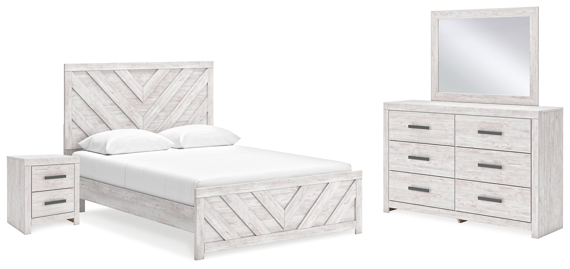 Cayboni Queen Panel Bed with Mirrored Dresser and Nightstand in Whitewash - PKG016694