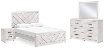 Cayboni Queen Panel Bed with Mirrored Dresser and Nightstand in Whitewash - PKG016694