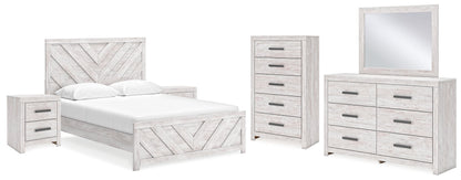 Cayboni Queen Panel Bed with Mirrored Dresser, Chest and 2 Nightstands in Whitewash - PKG016693