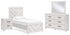 Cayboni Twin Panel Bed with Mirrored Dresser and Nightstand in Whitewash - PKG019167