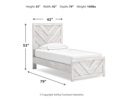 Cayboni Twin Panel Bed with Mirrored Dresser, Chest and 2 Nightstands in Whitewash - PKG019166