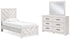 Cayboni Twin Panel Bed with Mirrored Dresser in Whitewash - PKG019164