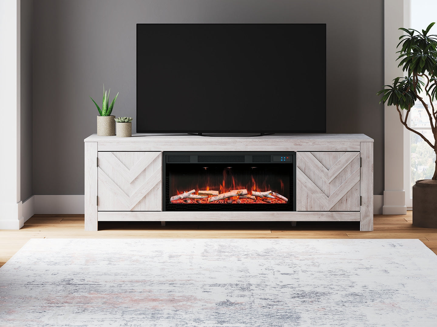 Cayboni Whitewash 71" TV Stand with Electric Fireplace - W3788W1