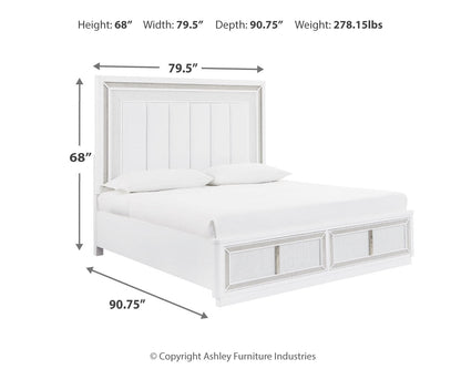 Chalanna California King Upholstered Storage Bed with Mirrored Dresser and Chest in White from Ashley - Luna Furniture
