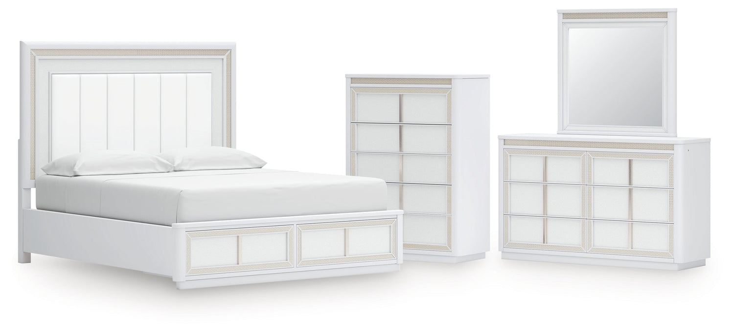 Chalanna California King Upholstered Storage Bed with Mirrored Dresser and Chest in White from Ashley - Luna Furniture