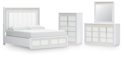 Chalanna California King Upholstered Storage Bed with Mirrored Dresser and Chest in White from Ashley - Luna Furniture