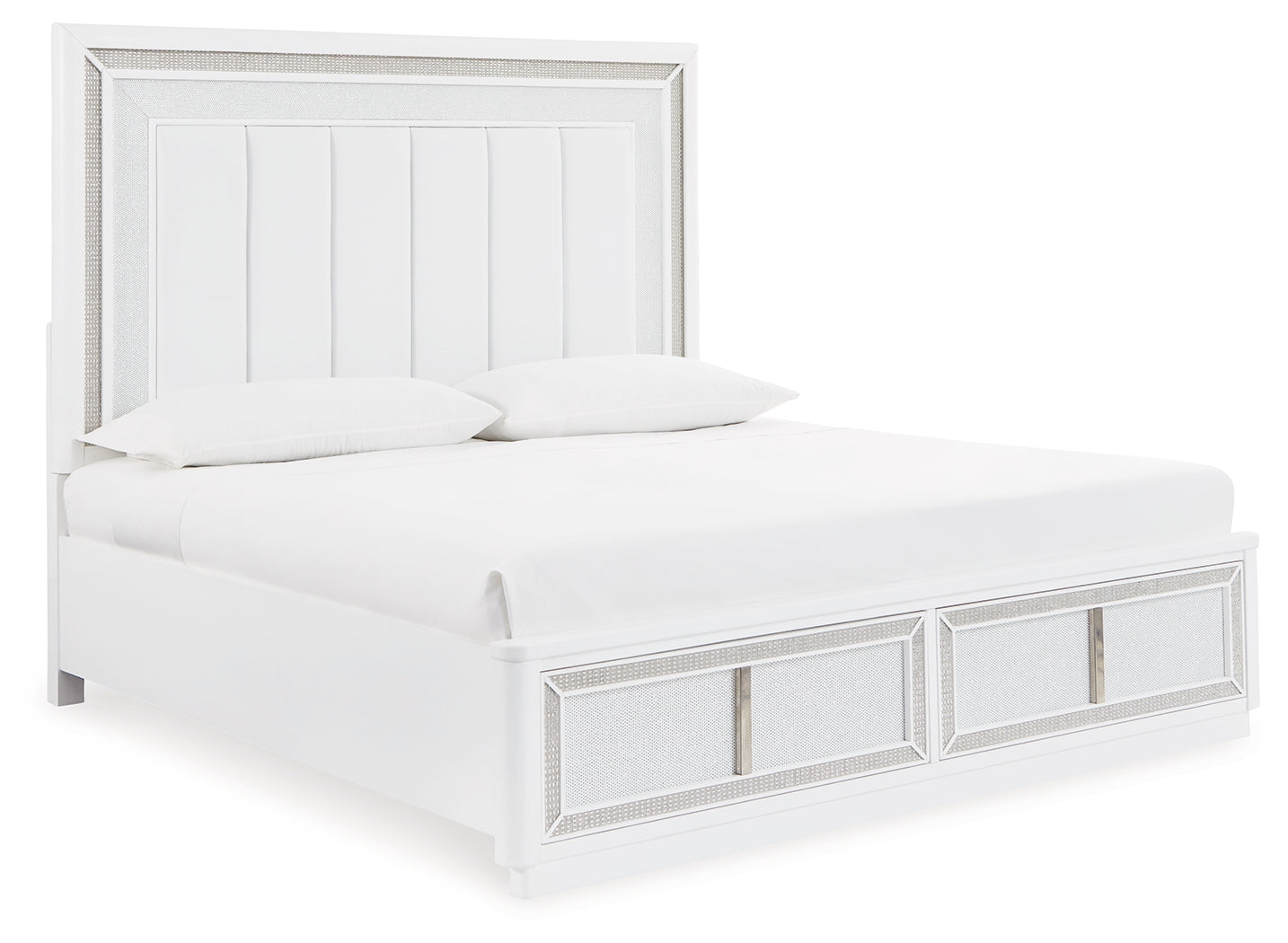 Chalanna King Upholstered Storage Bed with Mirrored Dresser and Chest in White from Ashley - Luna Furniture