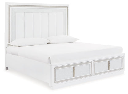 Chalanna King Upholstered Storage Bed with Mirrored Dresser and Chest in White from Ashley - Luna Furniture
