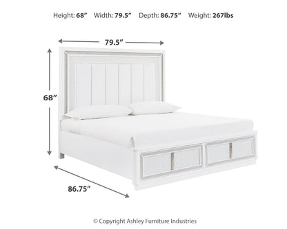 Chalanna King Upholstered Storage Bed with Mirrored Dresser and Chest in White from Ashley - Luna Furniture