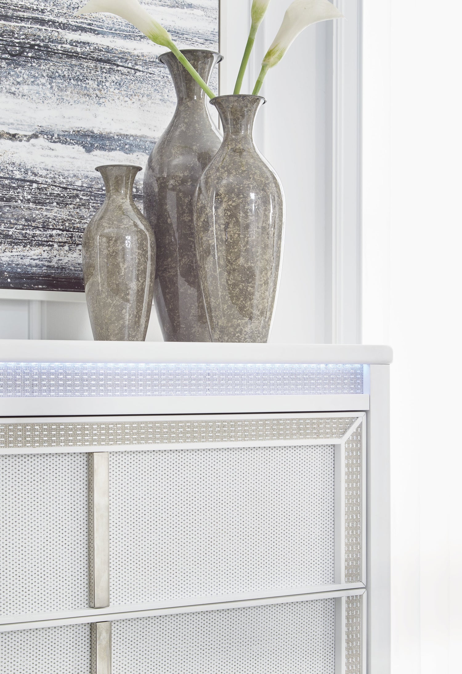 Chalanna King Upholstered Storage Bed with Mirrored Dresser and Chest in White from Ashley - Luna Furniture