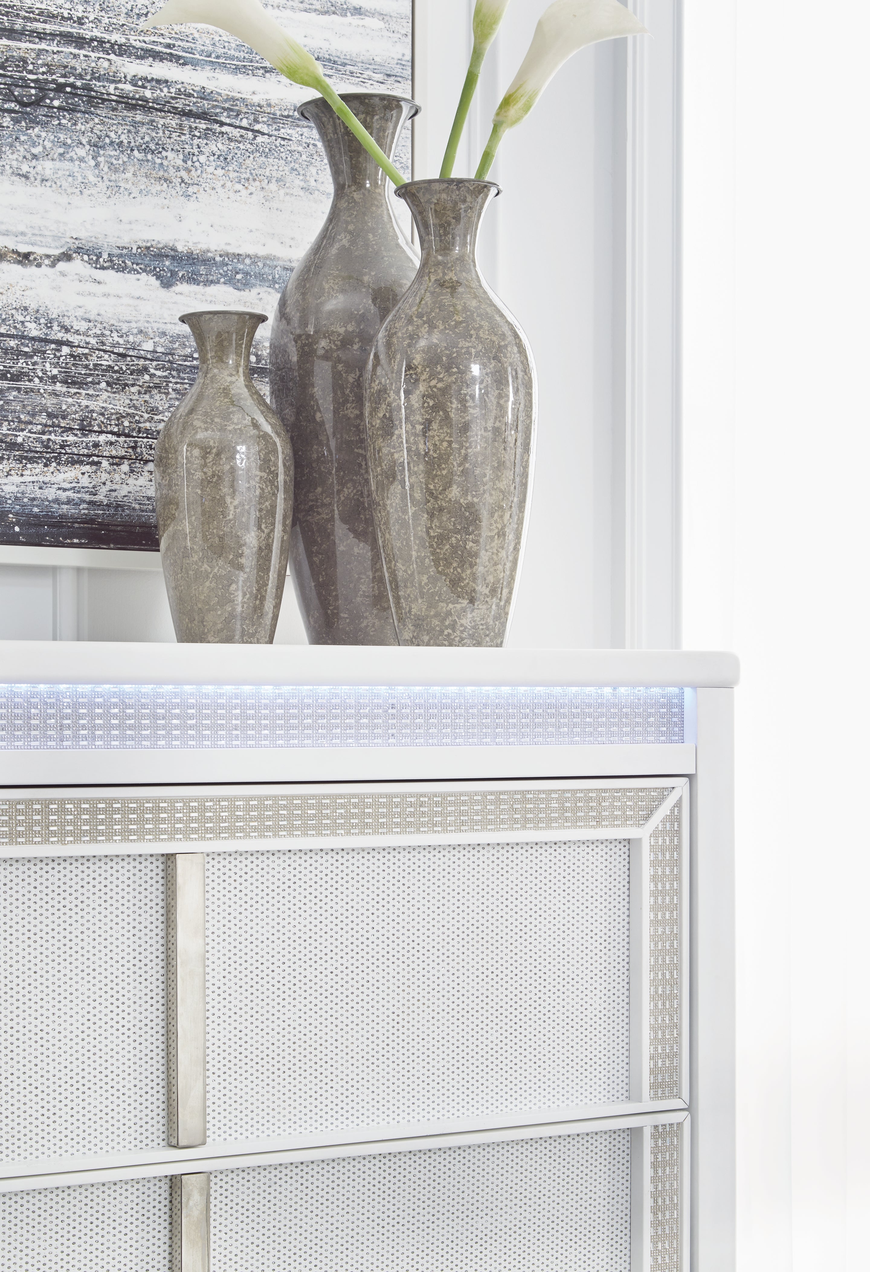 Chalanna King Upholstered Storage Bed with Mirrored Dresser and Chest in White from Ashley - Luna Furniture