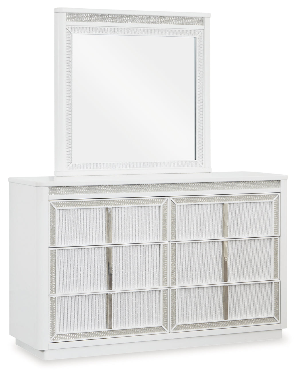 Chalanna King Upholstered Storage Bed with Mirrored Dresser and Chest in White from Ashley - Luna Furniture