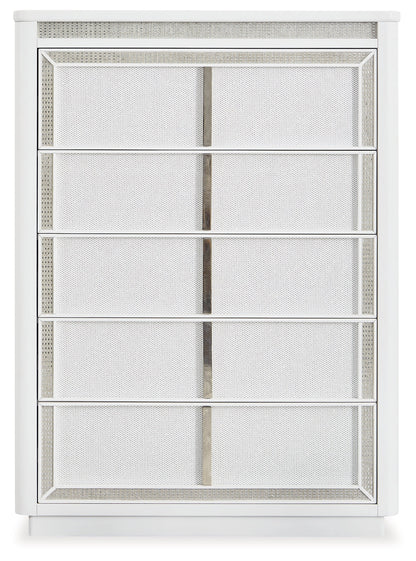 Chalanna King Upholstered Storage Bed with Mirrored Dresser and Chest in White from Ashley - Luna Furniture