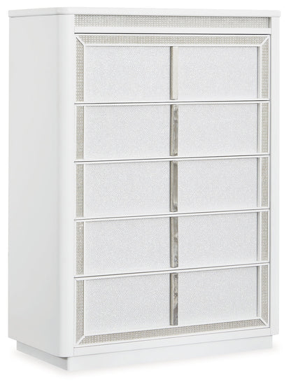 Chalanna King Upholstered Storage Bed with Mirrored Dresser and Chest in White from Ashley - Luna Furniture