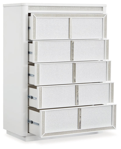 Chalanna King Upholstered Storage Bed with Mirrored Dresser and Chest in White from Ashley - Luna Furniture