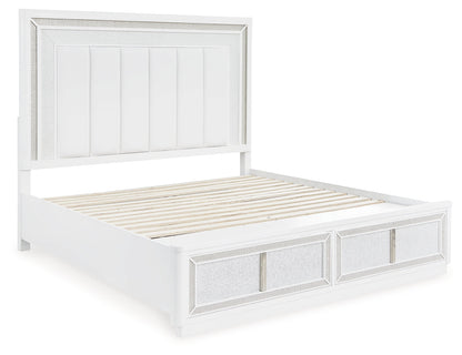 Chalanna King Upholstered Storage Bed with Mirrored Dresser, Chest and 2 Nightstands in White from Ashley - Luna Furniture