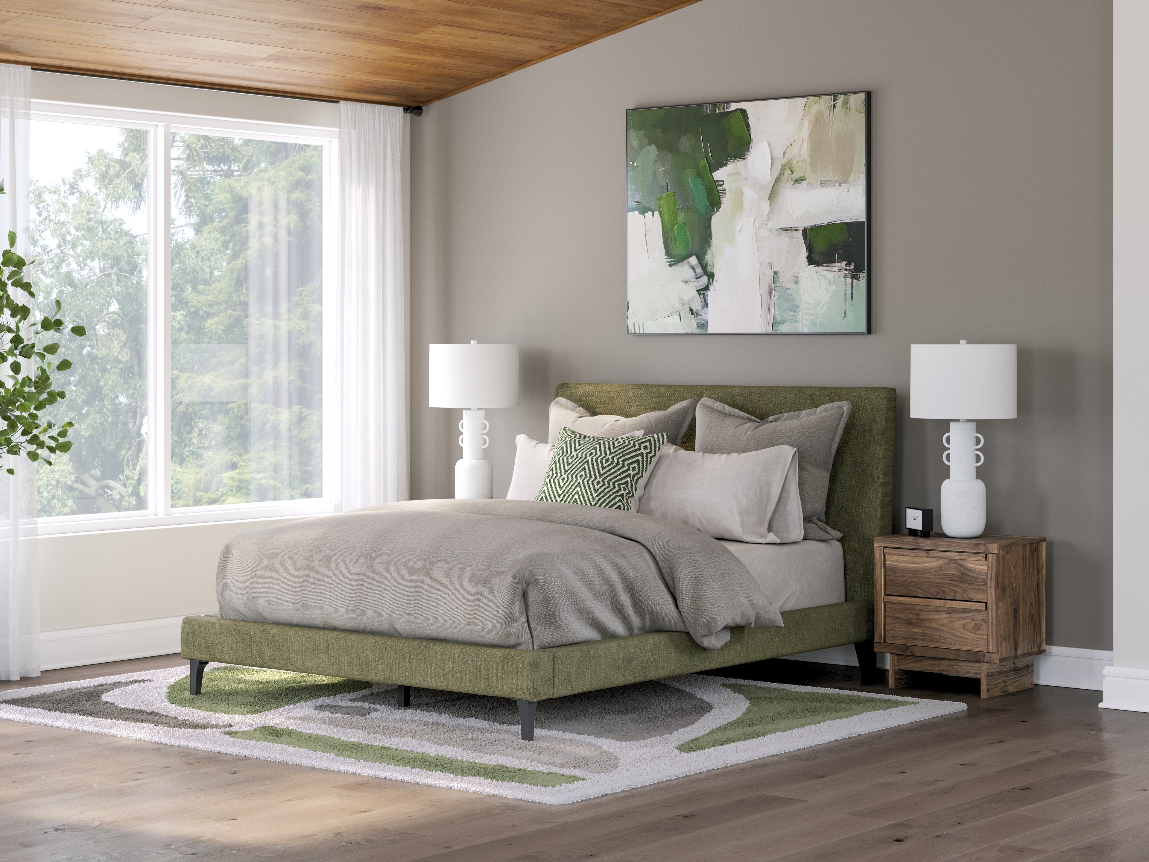 Chirason Sage Green Queen Upholstered Bed with Roll Slats - PCB3367-81