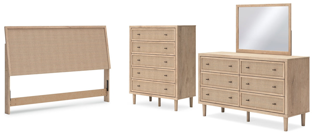 Cielden King Panel Headboard with Mirrored Dresser and Chest in Two-tone - PKG018684