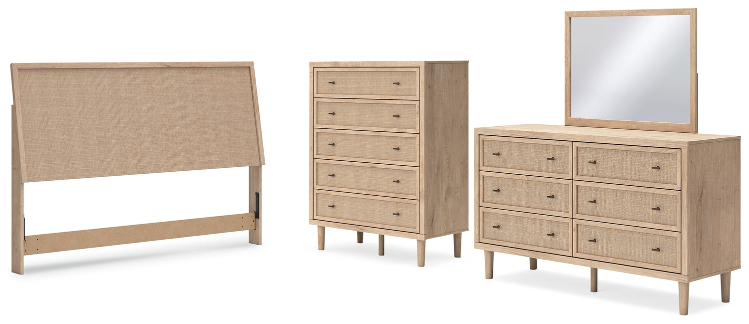 Cielden King Panel Headboard with Mirrored Dresser and Chest in Two-tone - PKG018684