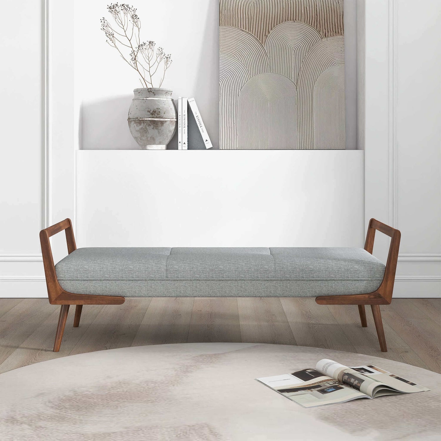 Cora Mid Century Modern Grey Fabric Bench - BEN00600301