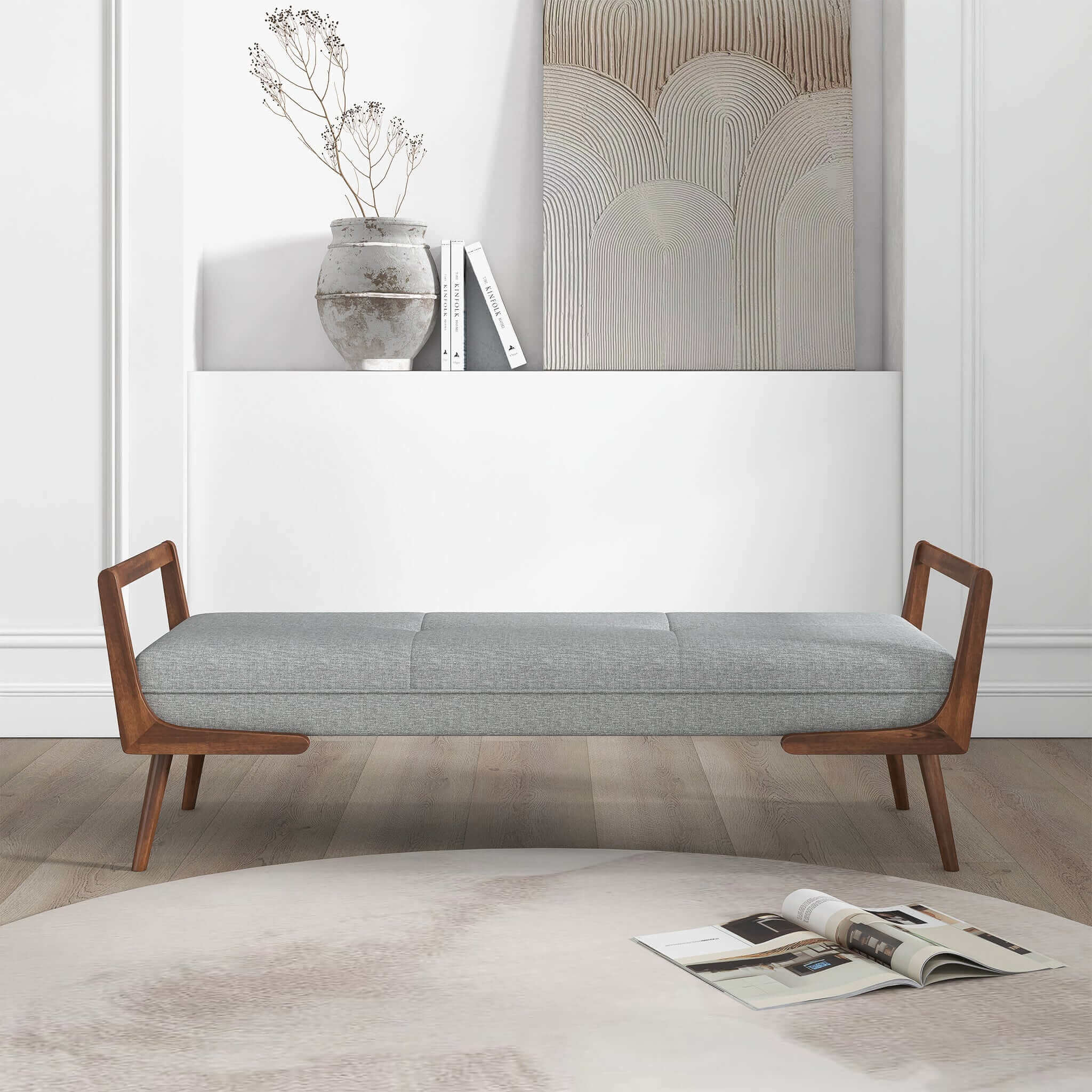 Cora Mid Century Modern Grey Fabric Bench - BEN00600301