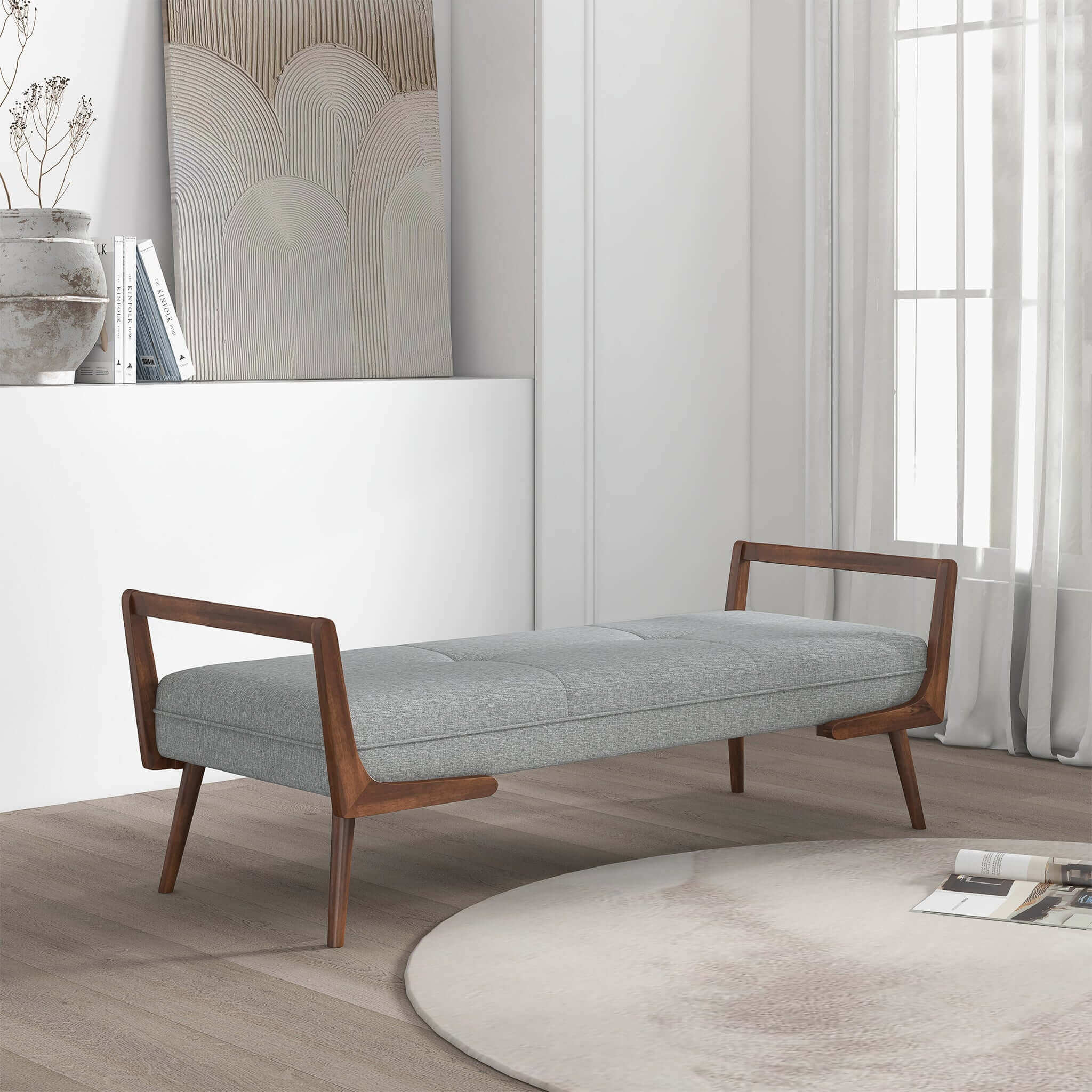 Cora Mid Century Modern Grey Fabric Bench - BEN00600301
