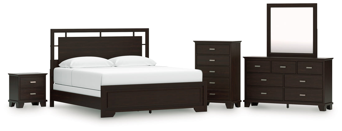Covetown California King Panel Bed with Mirrored Dresser, Chest and Nightstand in Dark Brown from Ashley - Luna Furniture
