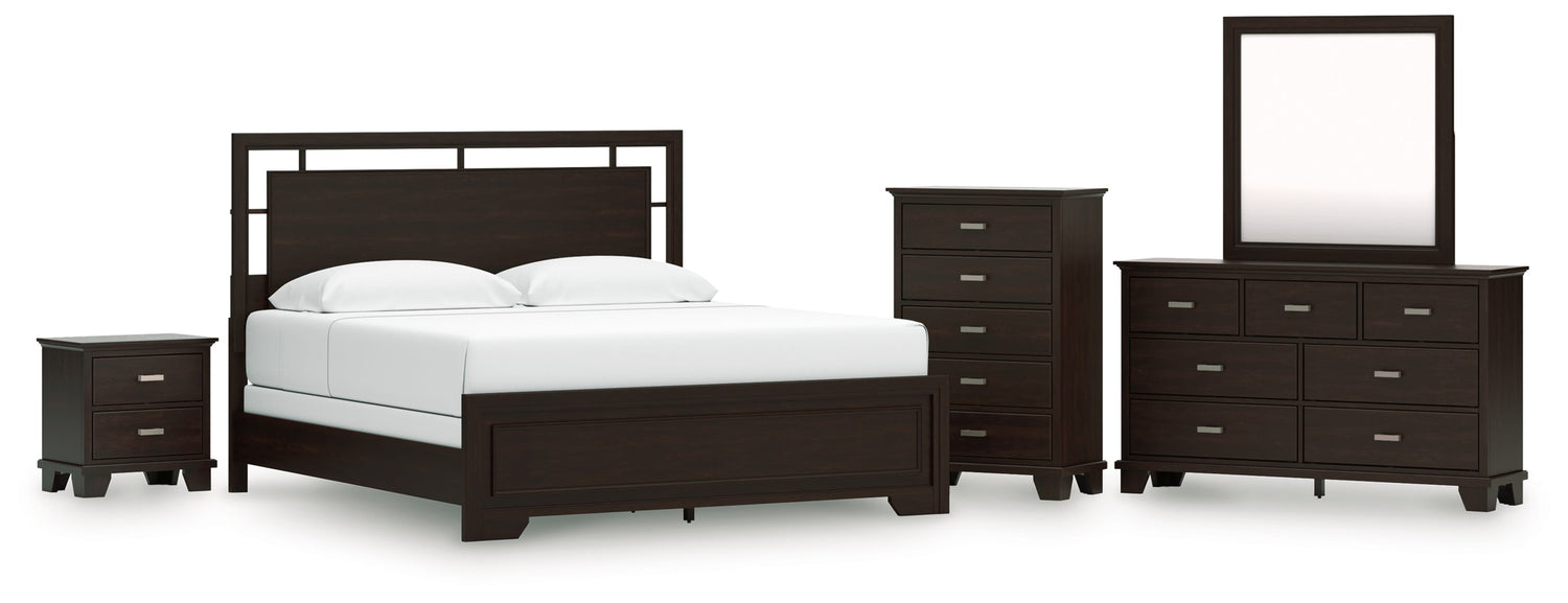 Covetown California King Panel Bed with Mirrored Dresser, Chest and Nightstand in Dark Brown from Ashley - Luna Furniture