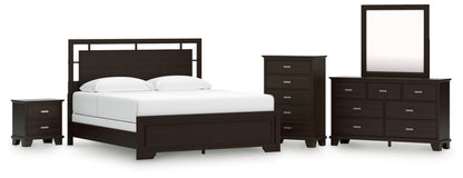 Covetown California King Panel Bed with Mirrored Dresser, Chest and Nightstand in Dark Brown from Ashley - Luna Furniture