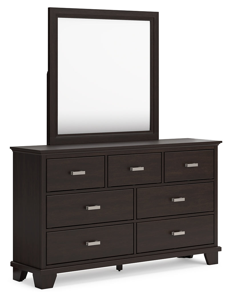 Covetown King Panel Bed with Mirrored Dresser and 2 Nightstands in Dark Brown from Ashley - Luna Furniture