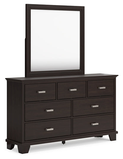 Covetown King Panel Bed with Mirrored Dresser and 2 Nightstands in Dark Brown from Ashley - Luna Furniture