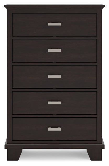 Covetown King Panel Bed with Mirrored Dresser and Chest in Dark Brown from Ashley - Luna Furniture
