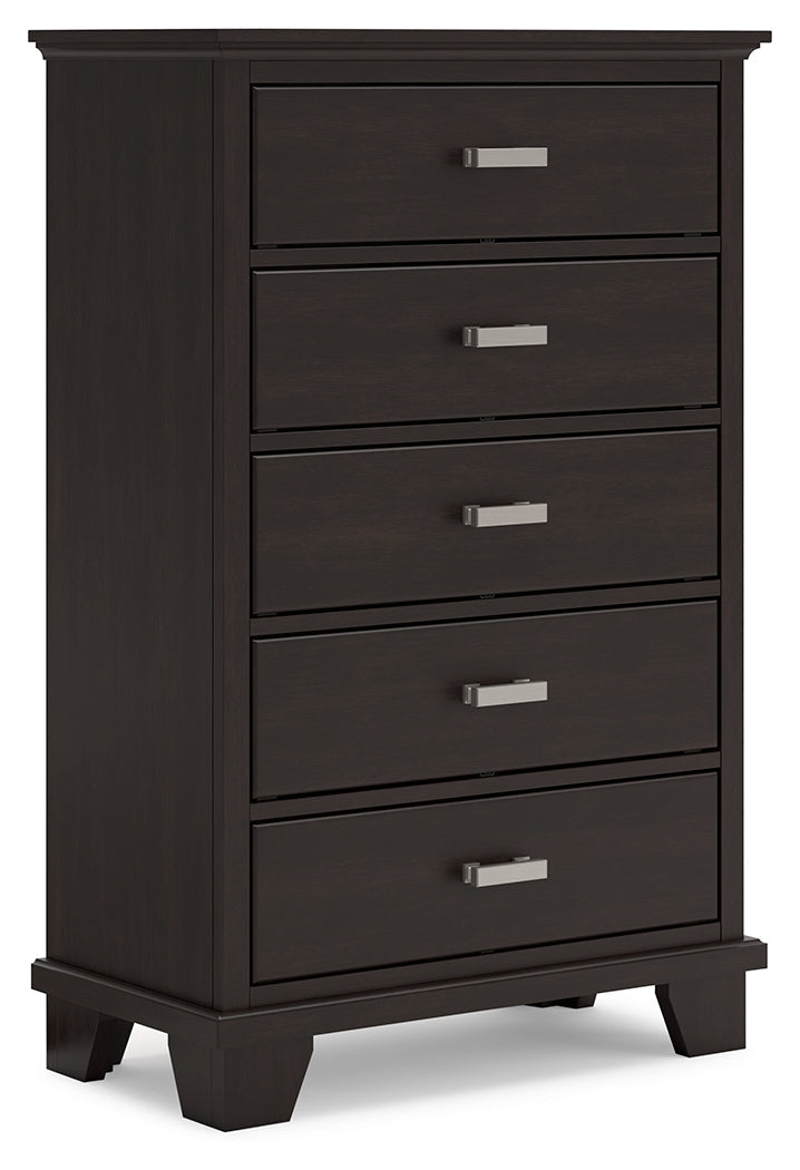 Covetown King Panel Bed with Mirrored Dresser and Chest in Dark Brown from Ashley - Luna Furniture