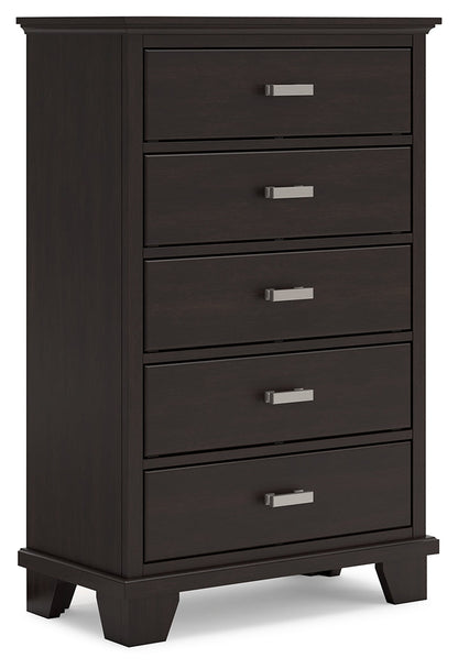 Covetown King Panel Bed with Mirrored Dresser and Chest in Dark Brown from Ashley - Luna Furniture
