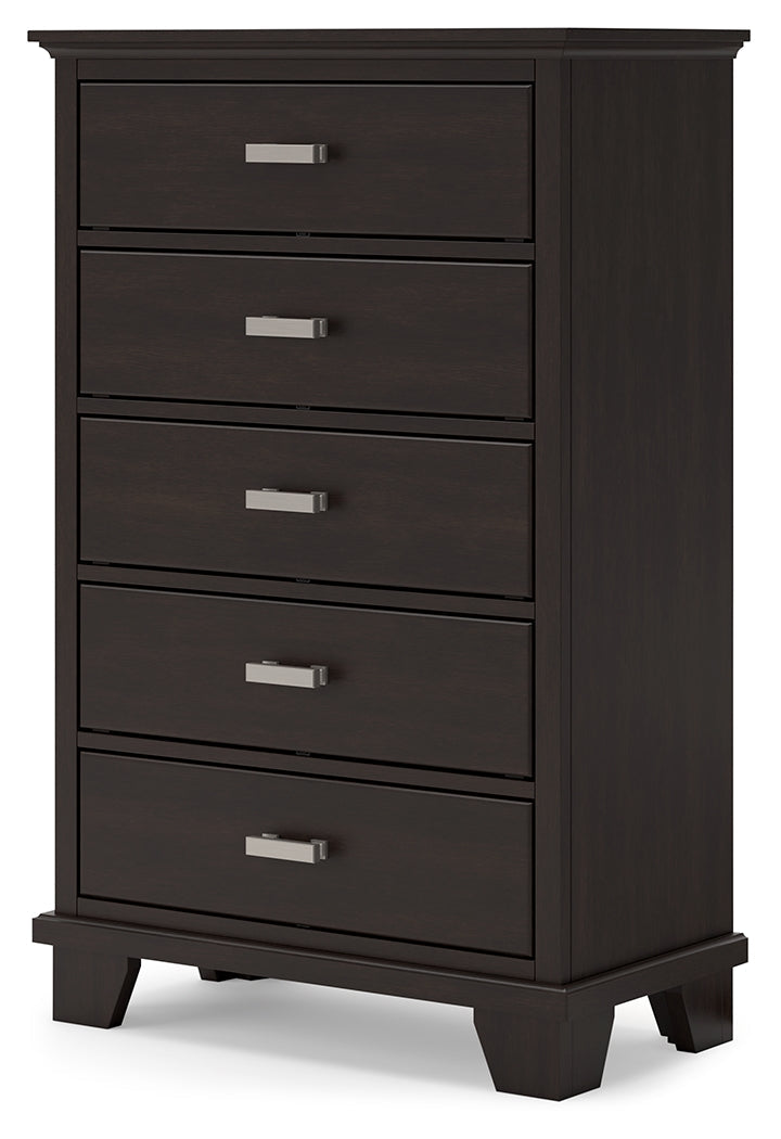 Covetown King Panel Bed with Mirrored Dresser and Chest in Dark Brown from Ashley - Luna Furniture