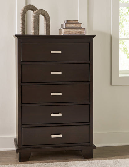 Covetown King Panel Bed with Mirrored Dresser and Chest in Dark Brown from Ashley - Luna Furniture