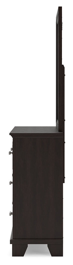 Covetown King Panel Bed with Mirrored Dresser and Chest in Dark Brown from Ashley - Luna Furniture