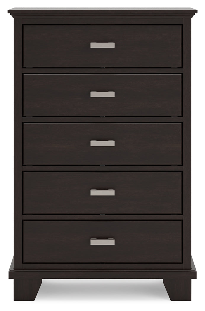 Covetown Queen Panel Bed with Mirrored Dresser and Chest in Dark Brown from Ashley - Luna Furniture