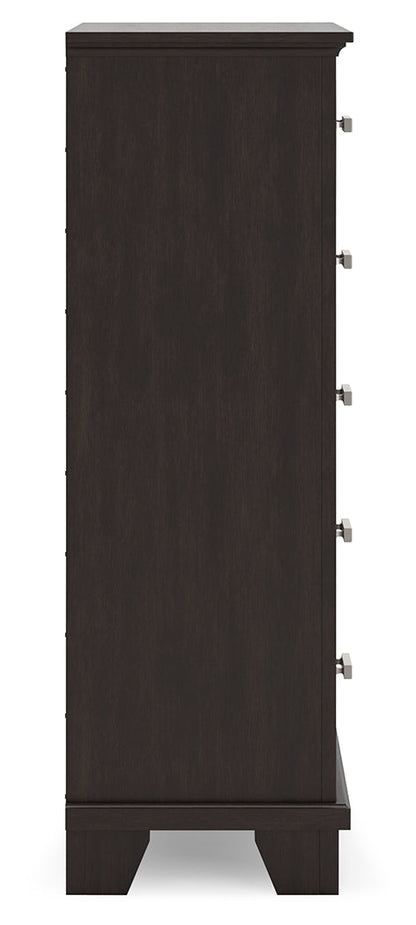 Covetown Queen Panel Bed with Mirrored Dresser and Chest in Dark Brown from Ashley - Luna Furniture