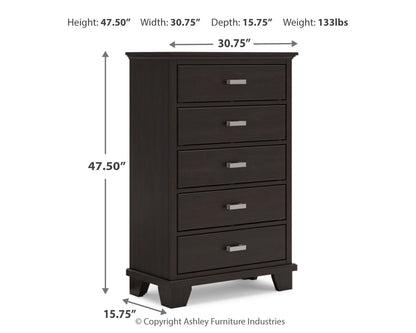 Covetown Queen Panel Bed with Mirrored Dresser and Chest in Dark Brown from Ashley - Luna Furniture