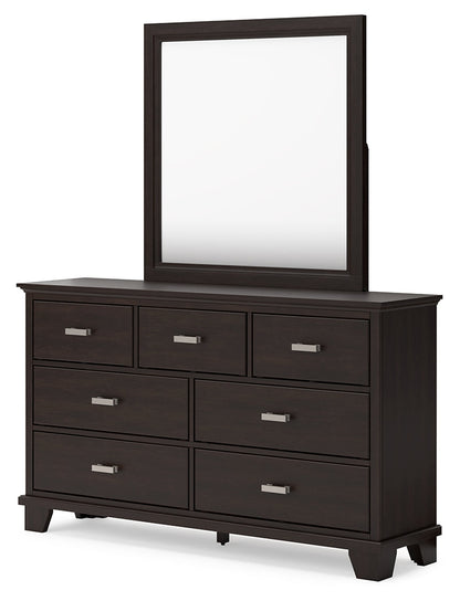 Covetown Queen Panel Bed with Mirrored Dresser and Chest in Dark Brown from Ashley - Luna Furniture
